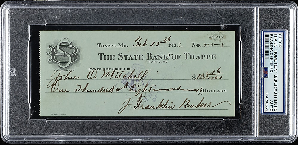 1922 Frank Baker Signed Check - PSA/DNA