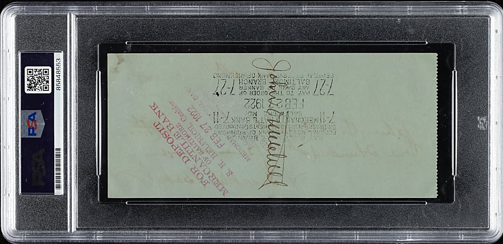 1922 Frank Baker Signed Check - PSA/DNA