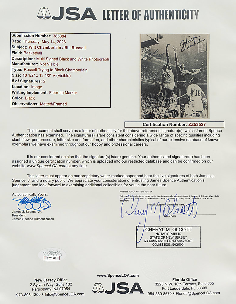 Bill Russell and Wilt Chamberlain Signed Photograph - JSA