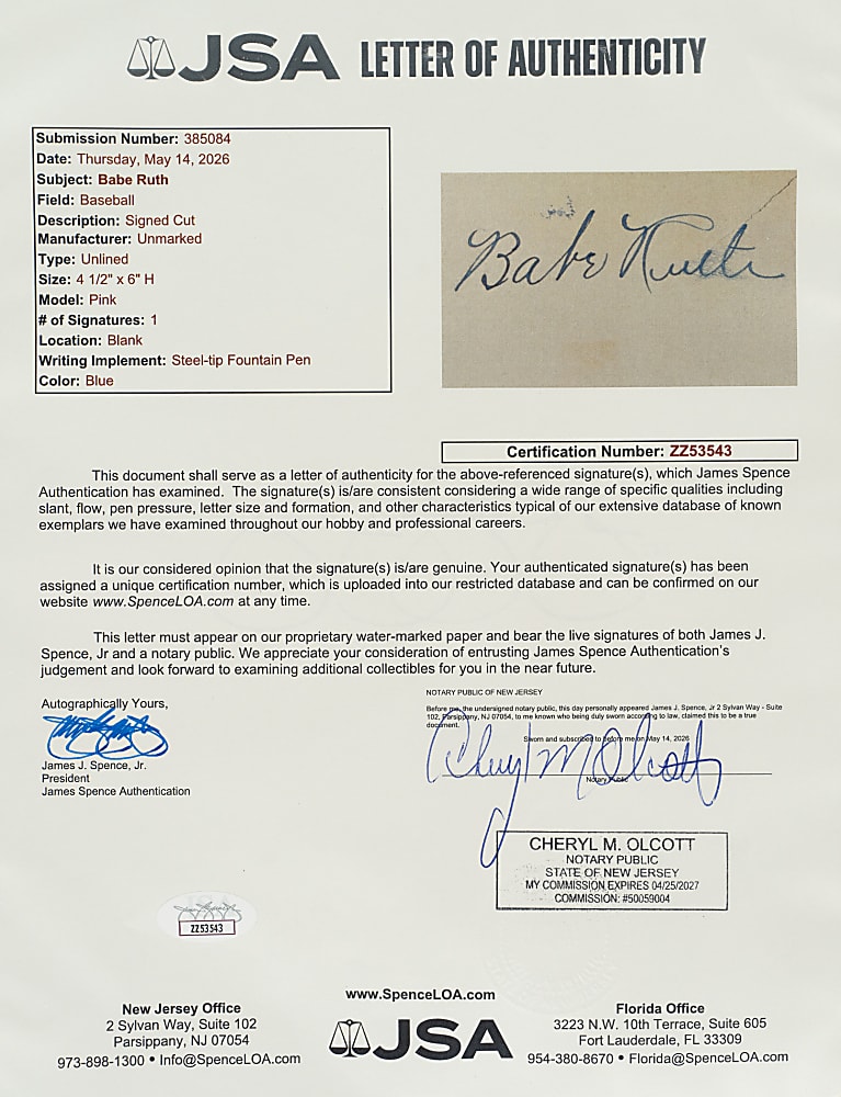 Babe Ruth Cut Signature - JSA