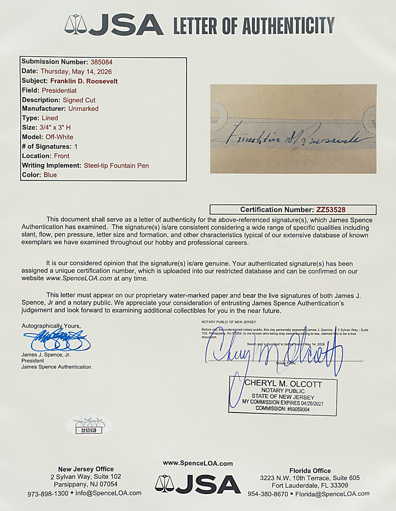 Franklin D. Roosevelt Cut Signature - JSA