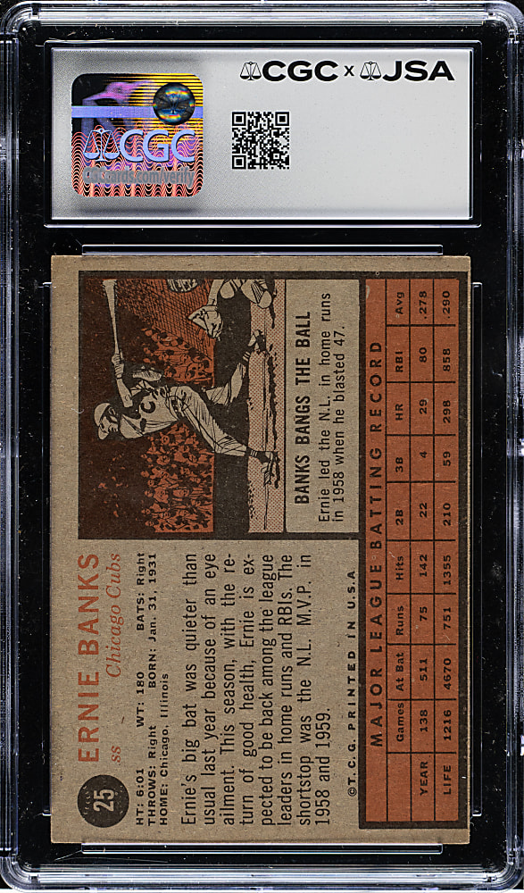 Signed 1962 Topps #25 Ernie Banks CGC/JSA EX 5 with MINT 9 Signature