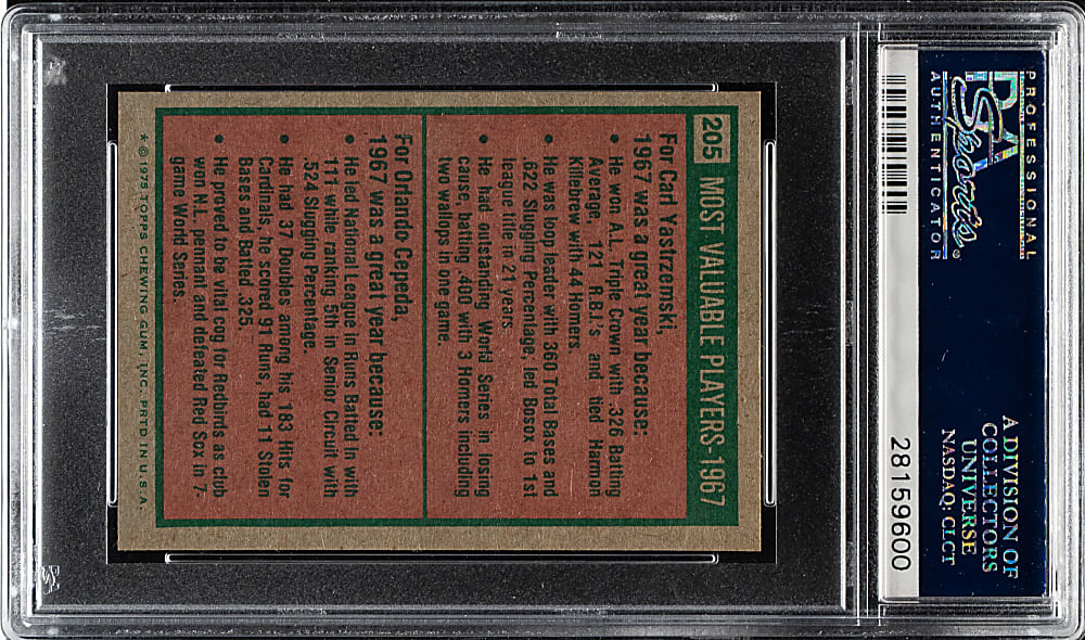 1975 Topps Mini #205 Carl Yastrzemski and Orlando Cepeda 1967 MVP PSA GEM MINT 10