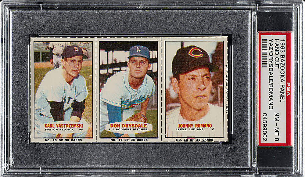 1963 Bazooka Uncut Panel #16/17/18 Carl Yastrzemski/Don Drysdale/Johnny Romano PSA NM-MT 8