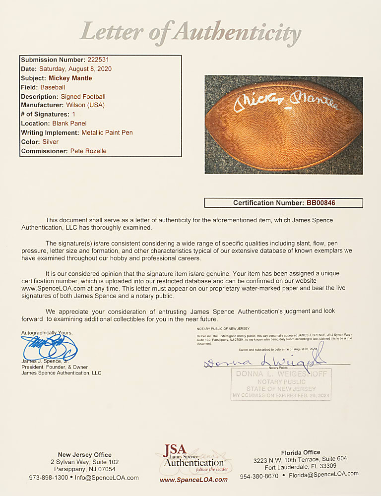 Mickey Mantle Signed Football - JSA