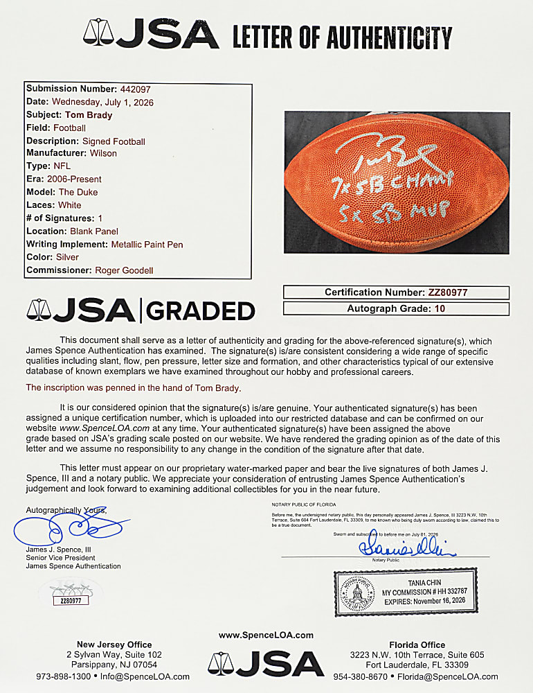 Tom Brady Signed Football with "7x SB Champ" and "5x SB MVP" Inscriptions - Fanatics and JSA (GEM MINT 10 Signature)