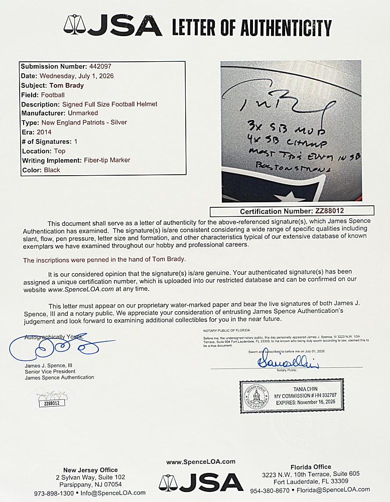 Tom Brady Signed Limited-Edition New England Patriots Helmet with Multiple Inscriptions - Tristar and JSA