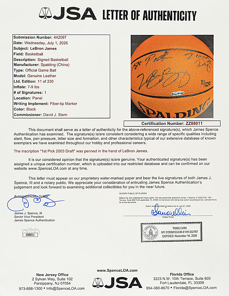 LeBron James Signed Limited-Edition Basketball with "1st Pick 2003 Draft" - Upper Deck and JSA