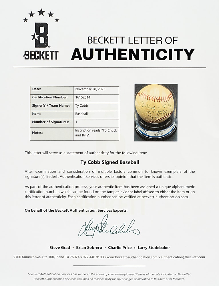 Ty Cobb Single-Signed Baseball - Beckett