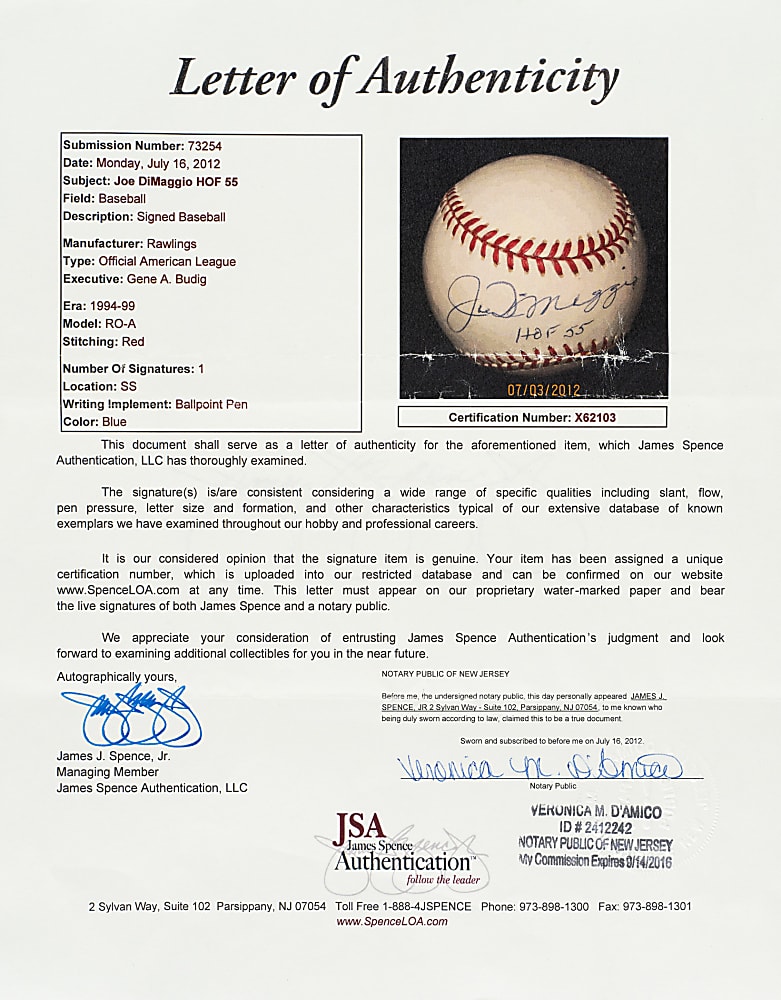 Joe DiMaggio Single-Signed Baseball with "HOF 55" Inscription - JSA