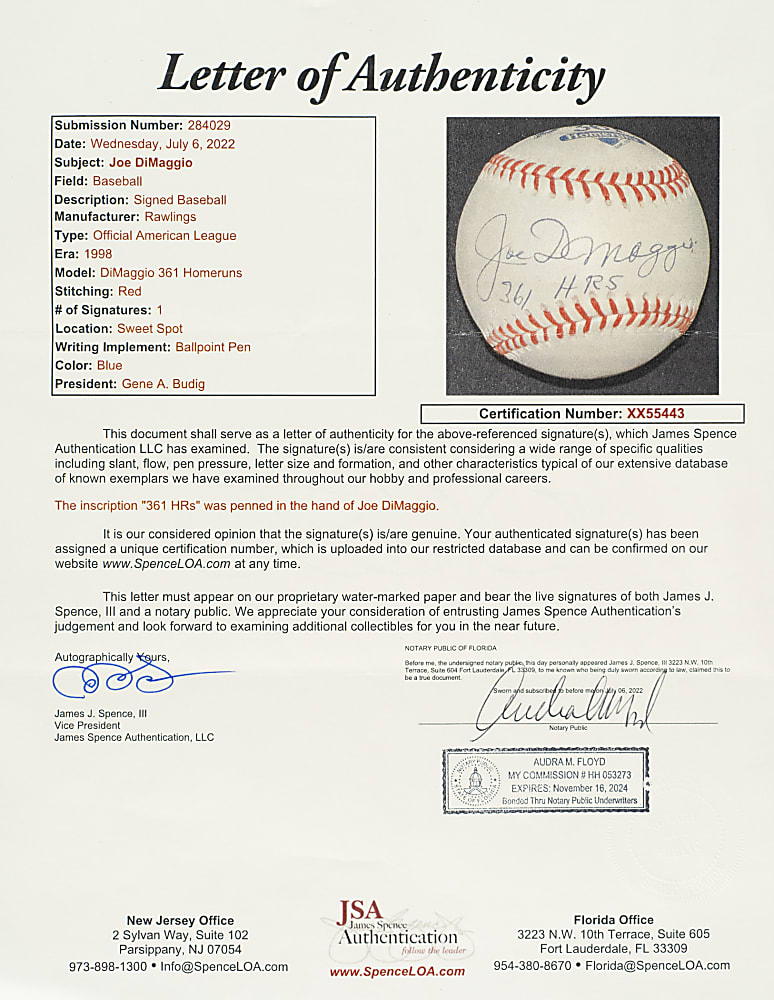 Joe DiMaggio Single-Signed Limited-Edition Baseball with "361 HRS" Inscription - JSA