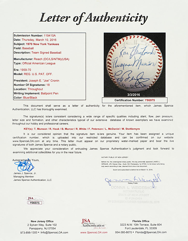1970 New York Yankees Team-Signed Baseball with Thurman Munson - JSA