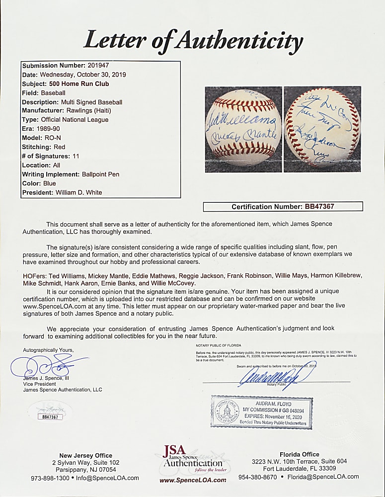 500 Home Run Club Signed Baseball with 11 Signatures Including Mickey Mantle and Ted Williams - JSA