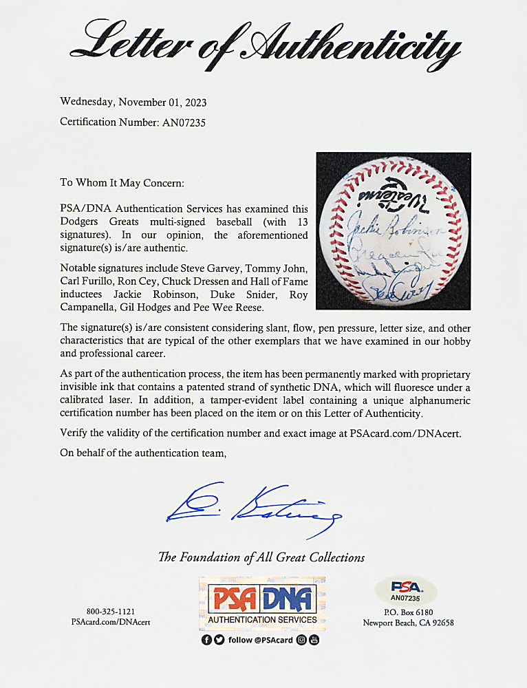 Brooklyn/Los Angeles Dodgers Multi-Signed Baseball with Robinson, Campanella, Hodges, Reese, and Snider - PSA/DNA