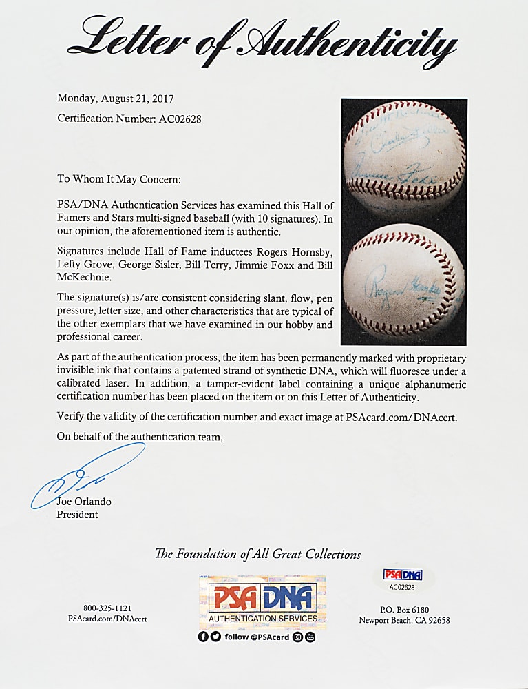 Circa 1950s Hall of Fame Multi-Signed Baseball with Foxx, Hornsby, Sisler, Grove, and McKechnie - PSA/DNA and Beckett