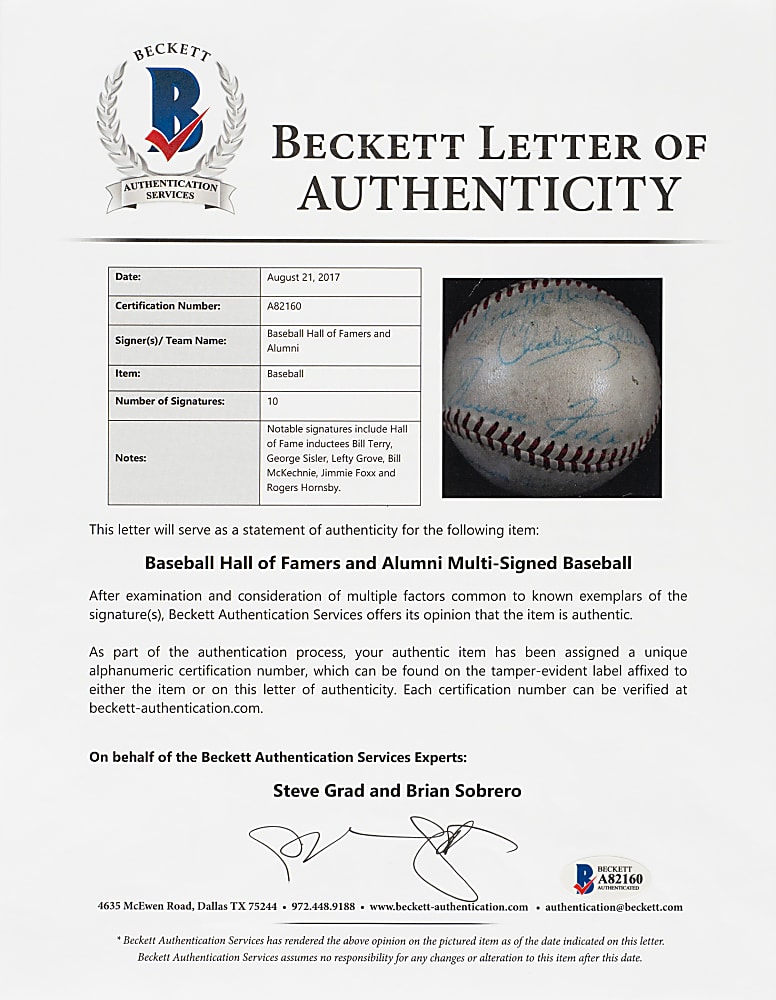 Circa 1950s Hall of Fame Multi-Signed Baseball with Foxx, Hornsby, Sisler, Grove, and McKechnie - PSA/DNA and Beckett