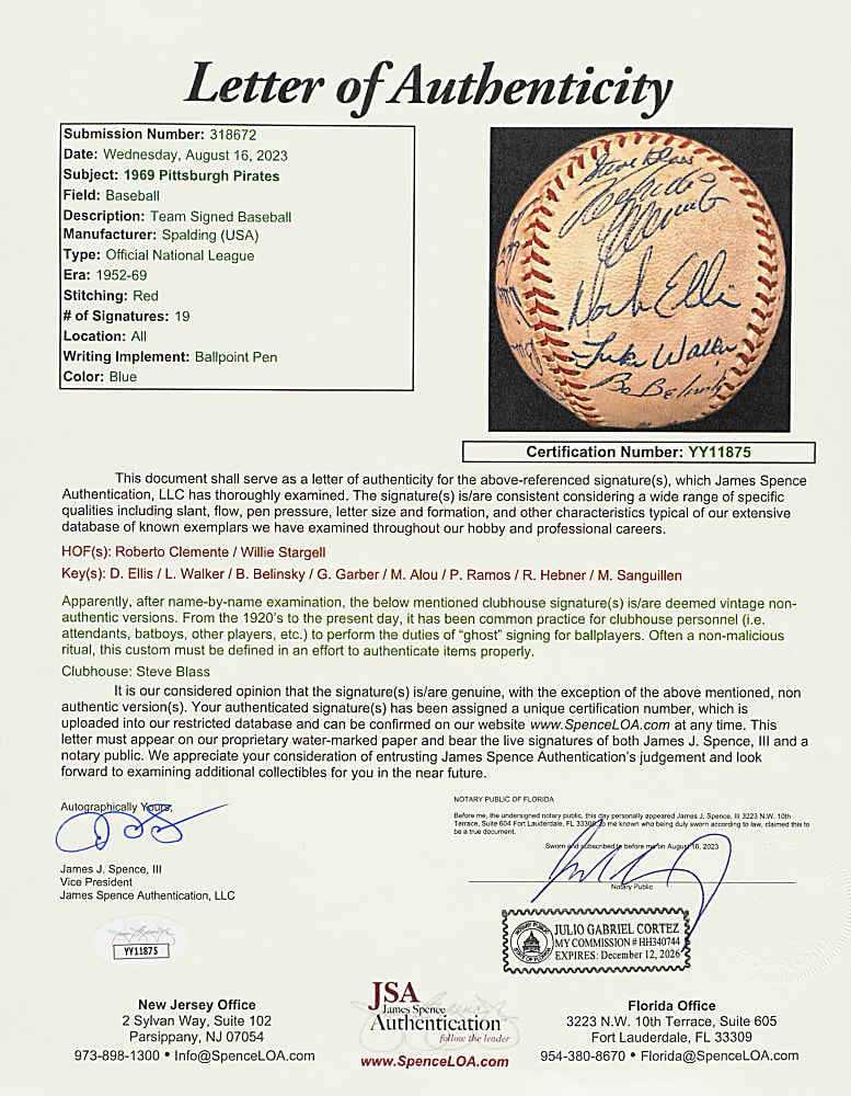 1969 Pittsburgh Pirates Team-Signed Baseball with Roberto Clemente - JSA