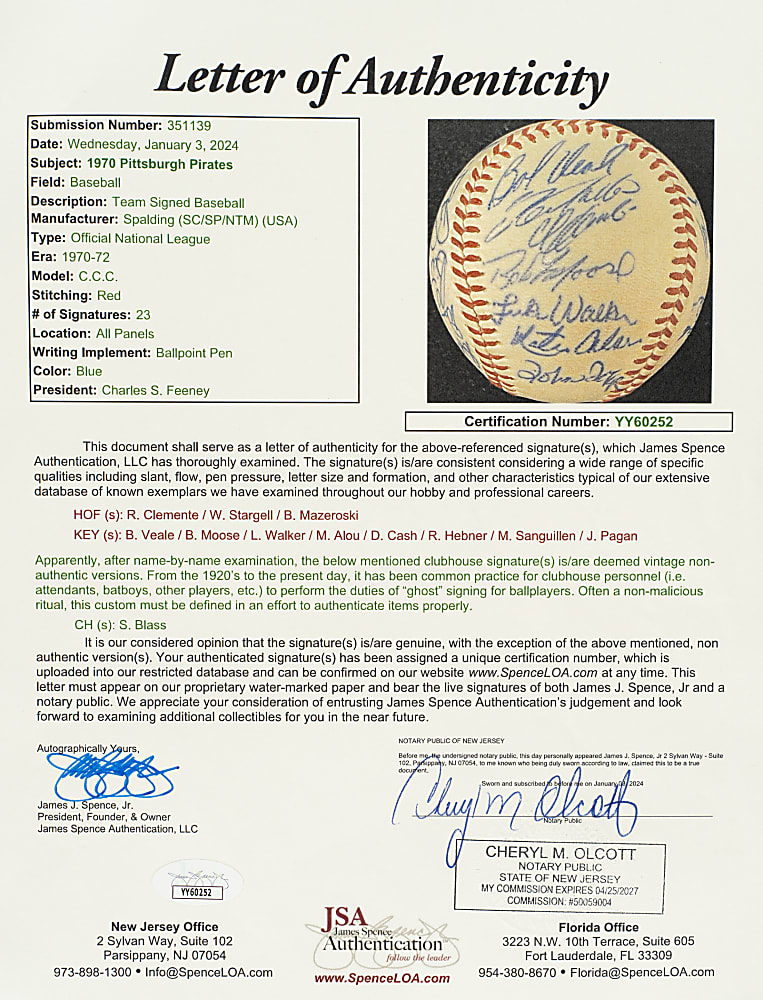 1970 Pittsburgh Pirates Team-Signed Baseball with Roberto Clemente - JSA