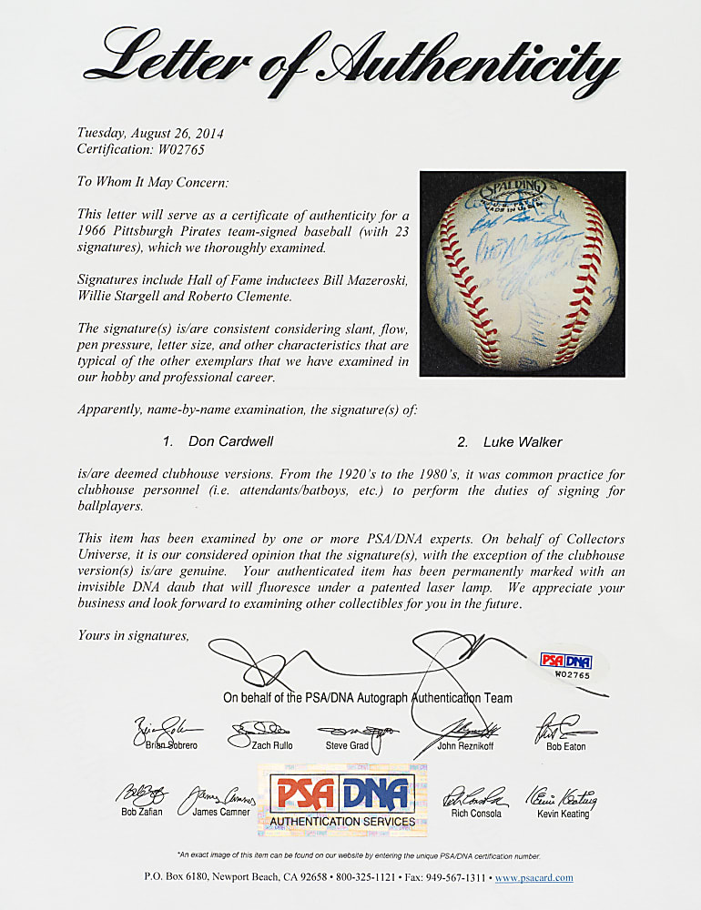 1966 Pittsburgh Pirates Team-Signed Baseball with Roberto Clemente - PSA/DNA