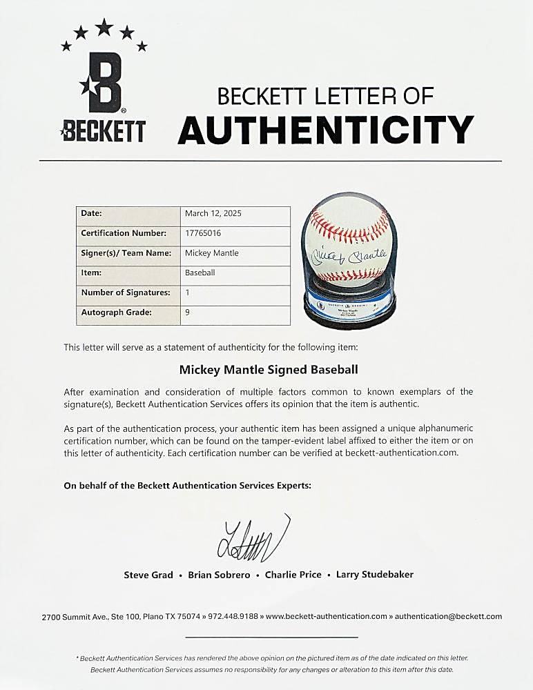 Mickey Mantle Single-Signed Baseball Beckett MINT 9