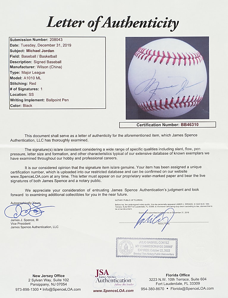 Michael Jordan Single-Signed Baseball - JSA