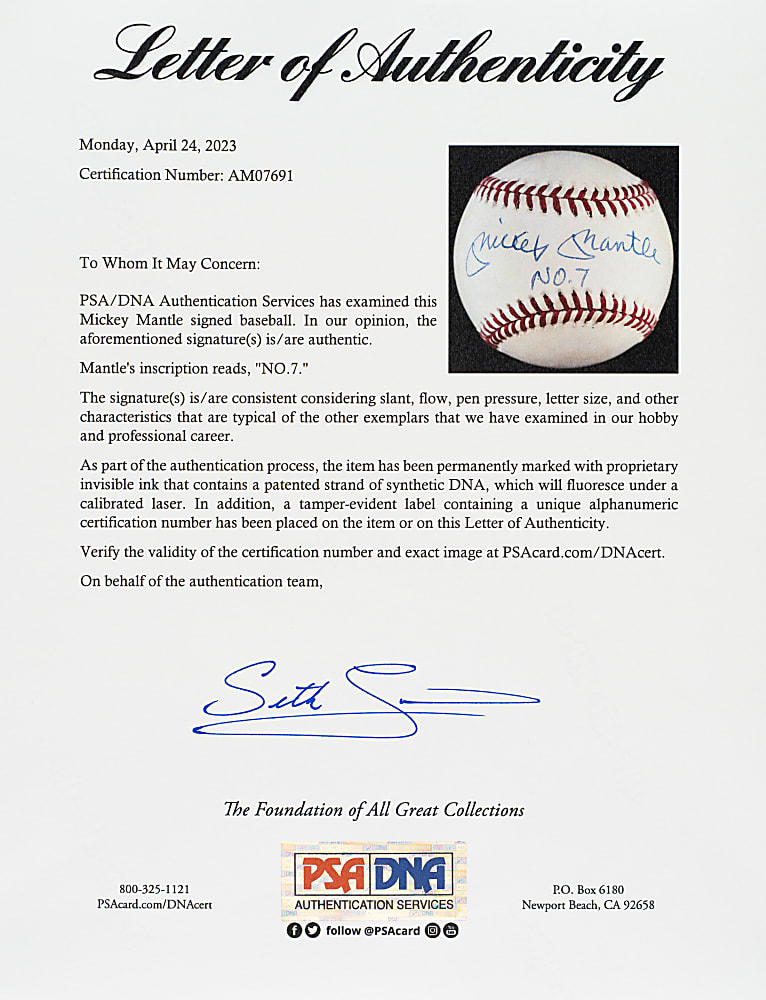 Mickey Mantle Single-Signed Baseball with "NO. 7" Inscription - PSA/DNA