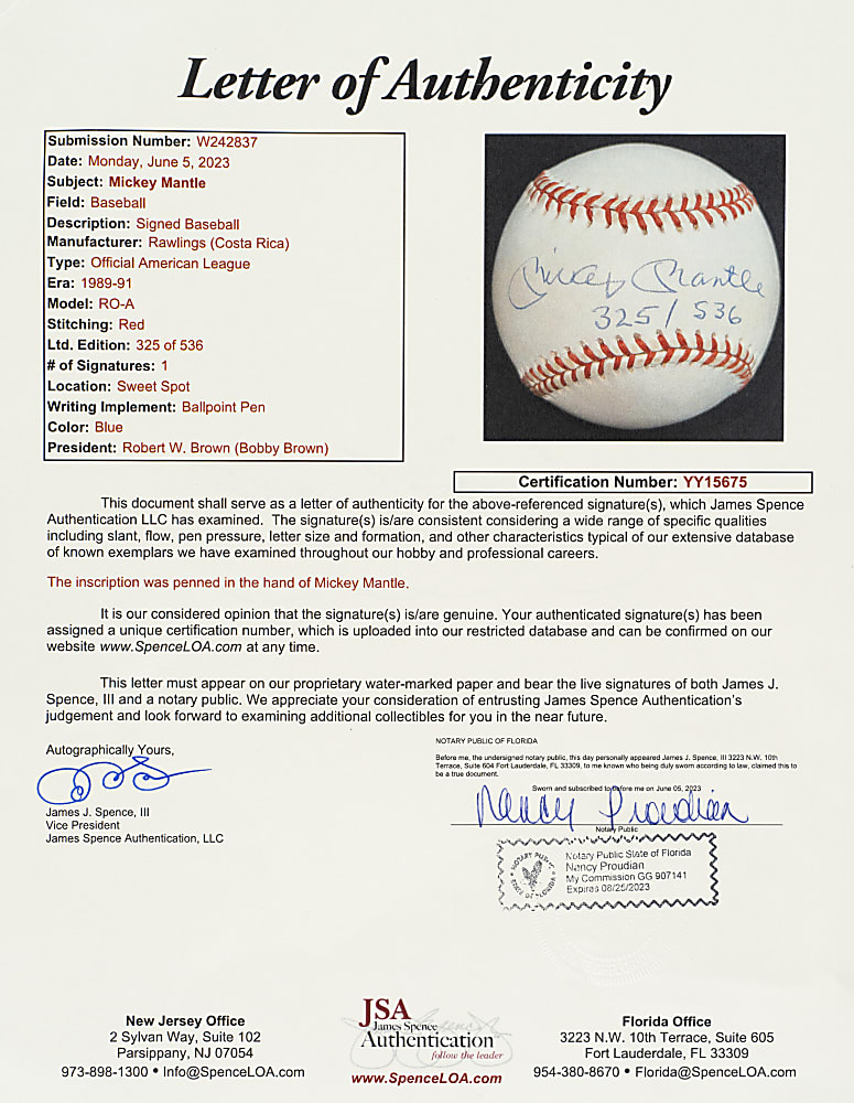 Mickey Mantle Single-Signed Limited-Edition Baseball - JSA