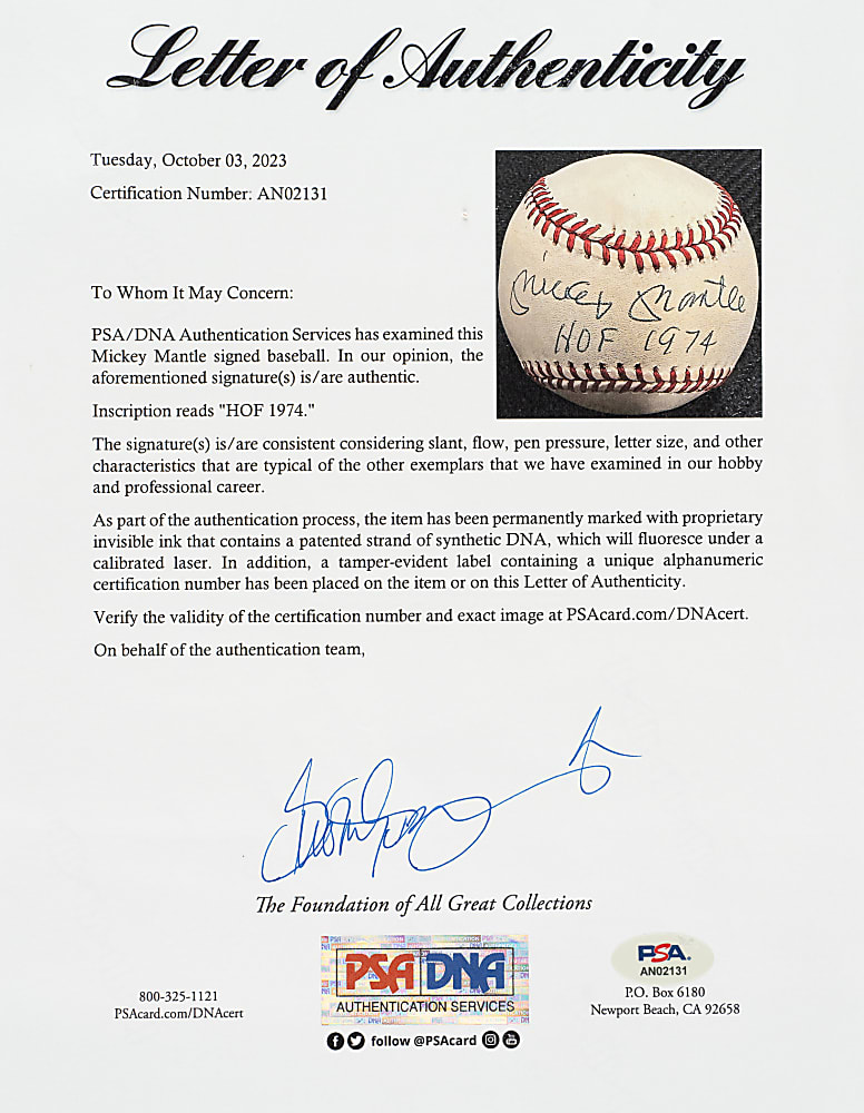 Mickey Mantle Single-Signed Baseball with  "HOF 1974" Inscription - PSA/DNA