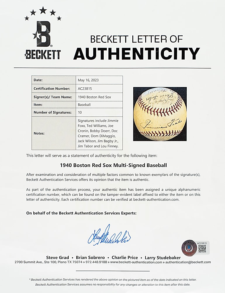 1940 Boston Red Sox Multi-Signed Baseball with Jimmie Foxx and Ted Williams - Beckett