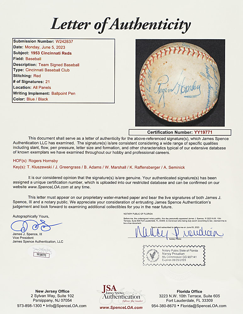 1953 Cincinnati Reds Team-Signed Baseball with Rogers Hornsby - JSA