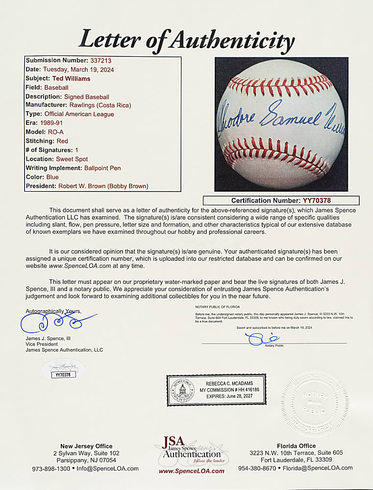 "Theodore Samuel Williams" Full-Name Signed Baseball - JSA
