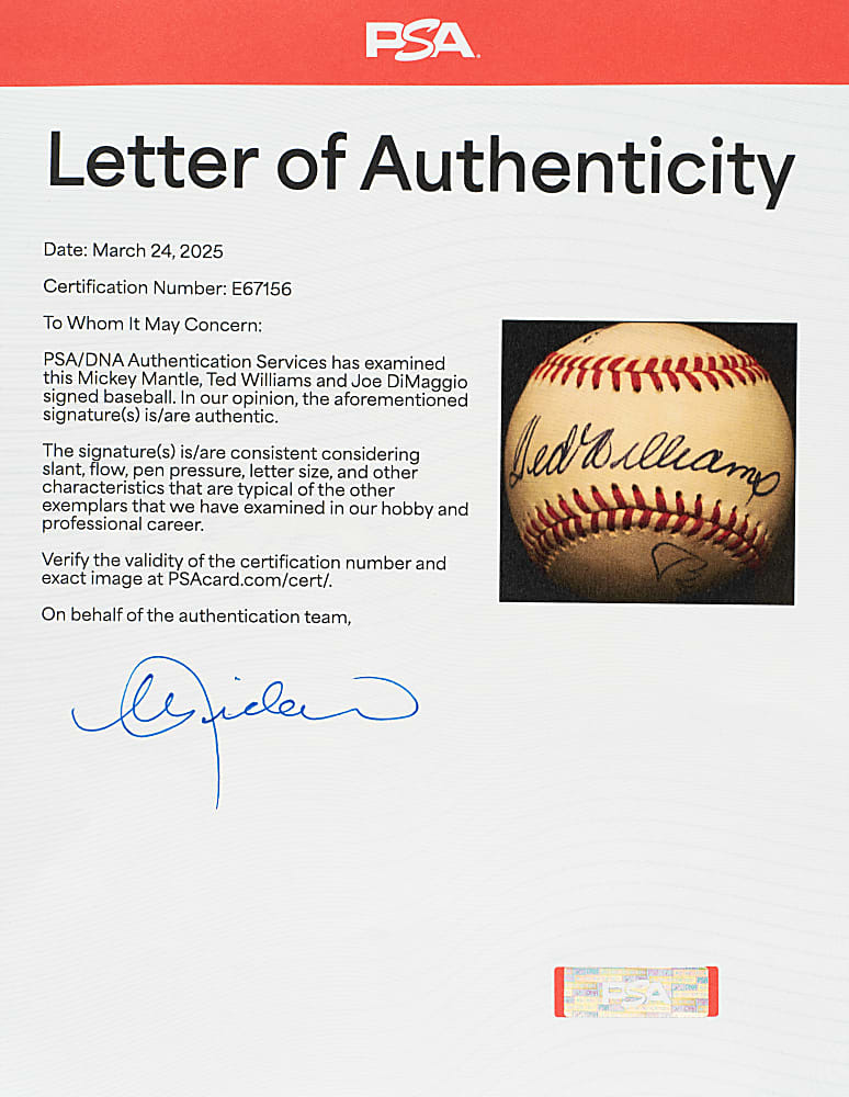 Joe DiMaggio, Mickey Mantle, and Ted Williams Signed Baseball - PSA/DNA