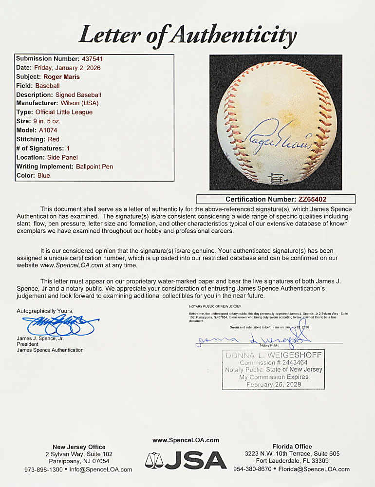Roger Maris Single-Signed Baseball - JSA