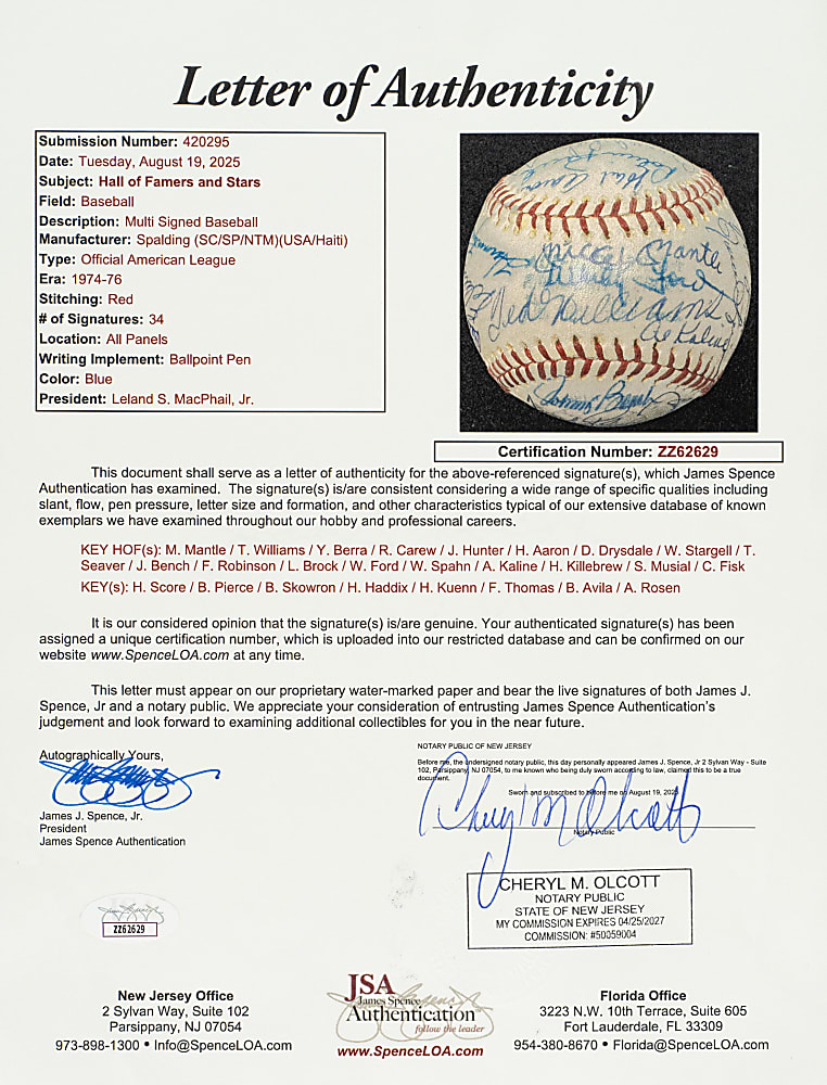 Hall of Fame and Stars Multi-Signed Baseball with Mantle, Williams, Seaver, and Aaron - JSA