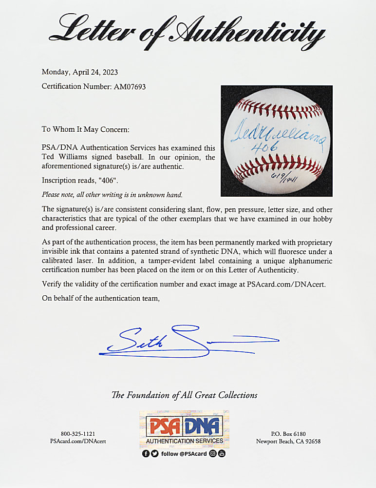 Ted Williams Single-Signed Limited-Edition Baseball with ".406" Inscription -PSA/DNA and Upper Deck