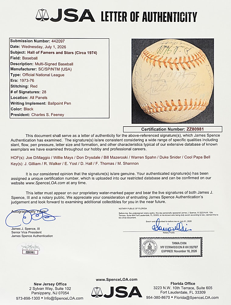 Circa 1970s Hall of Fame and Stars Multi-Signed Baseball with Joe DiMaggio and Willie Mays on Sweet Spot - JSA