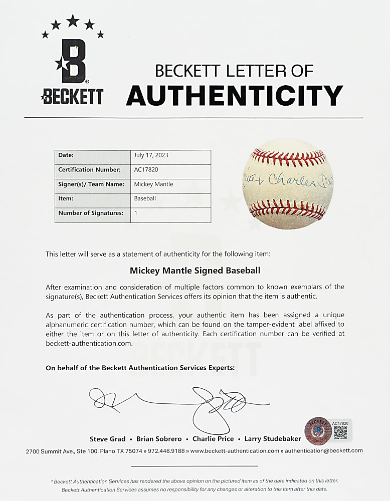 "Mickey Charles Mantle" Full-Name Single-Signed Baseball - Beckett and PSA/DNA