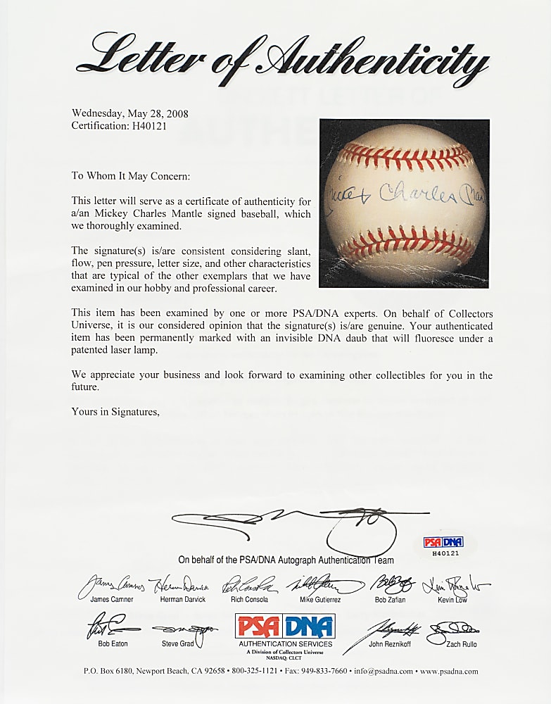 "Mickey Charles Mantle" Full-Name Single-Signed Baseball - Beckett and PSA/DNA