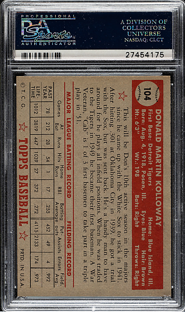 1952 Topps #104 Don Kolloway PSA MINT 9