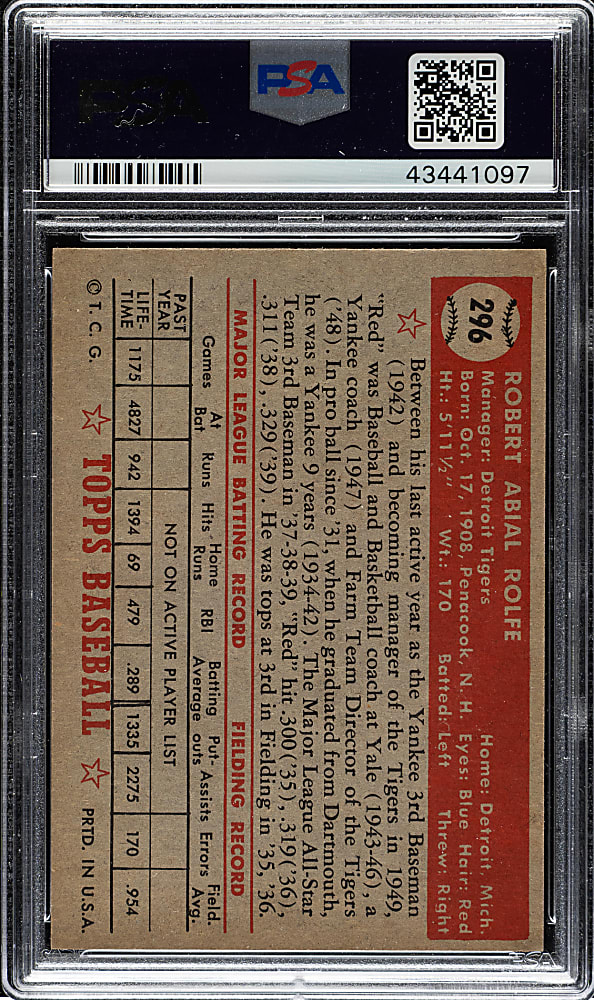1952 Topps #296 Red Rolfe PSA MINT 9 - Highest Graded!