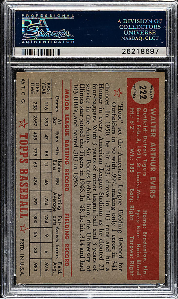 1952 Topps #222 Hoot Evers PSA MINT 9 - Highest Graded!