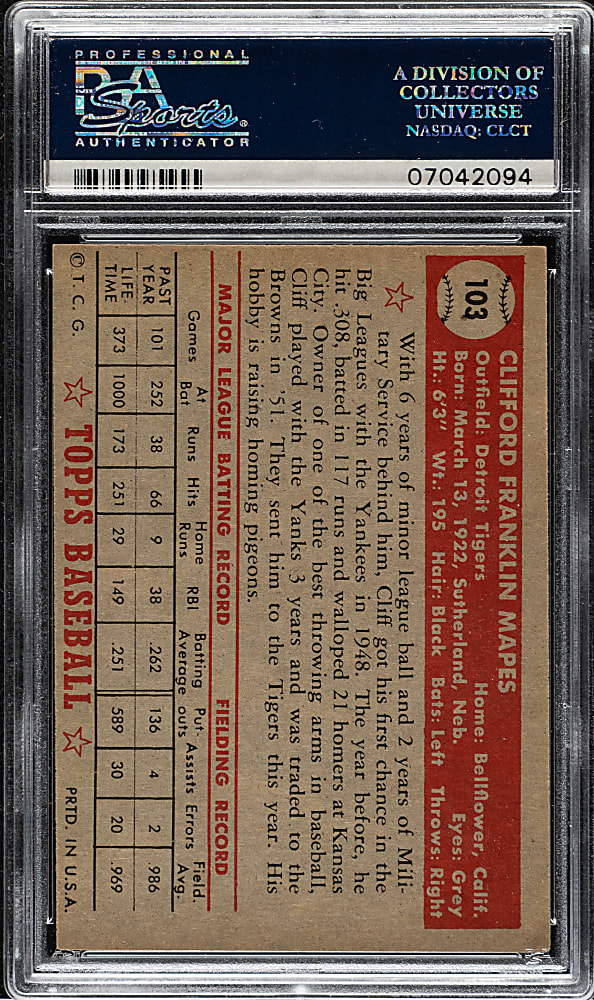 1952 Topps #103 Cliff Mapes PSA NM-MT 8