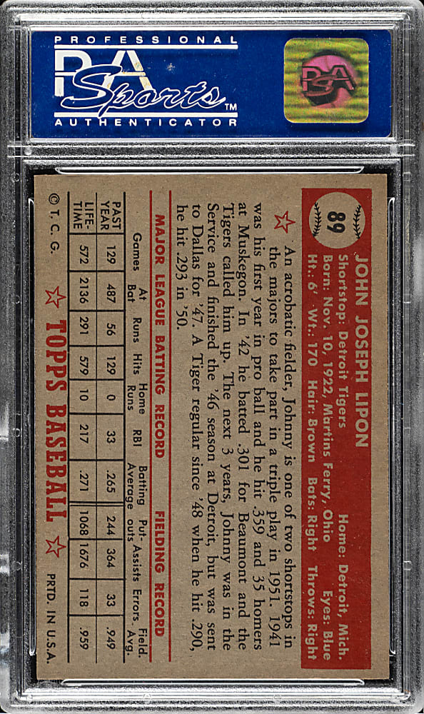 1952 Topps #89 Johnny Lipon PSA NM-MT 8