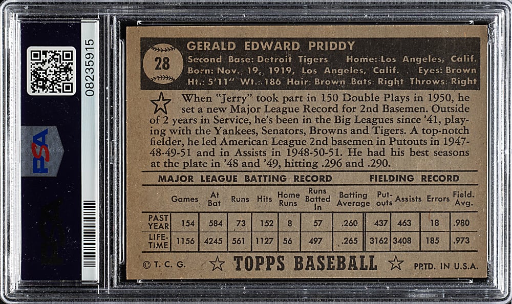 1952 Topps #28 Jerry Priddy Black Back PSA NM-MT 8