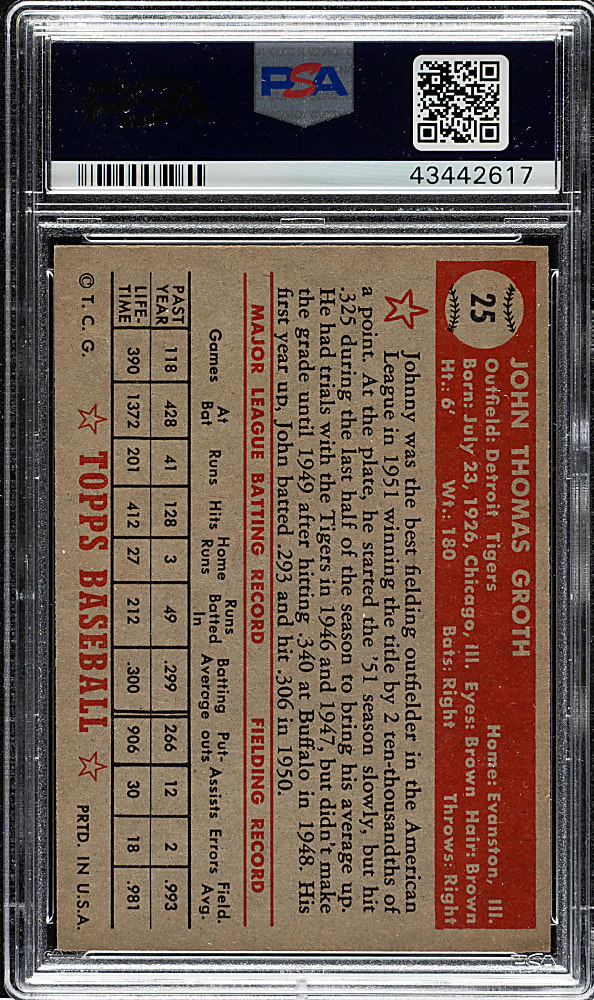 1952 Topps #25 Johnny Groth PSA NM-MT 8