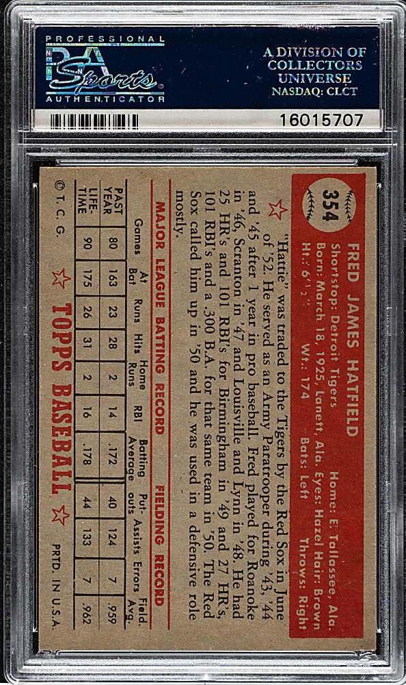 1952 Topps #354 Fred Hatfield High Number PSA NM-MT 8