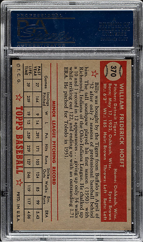 1952 Topps #370 Billy Hoeft High Number PSA NM-MT 8 (OC)