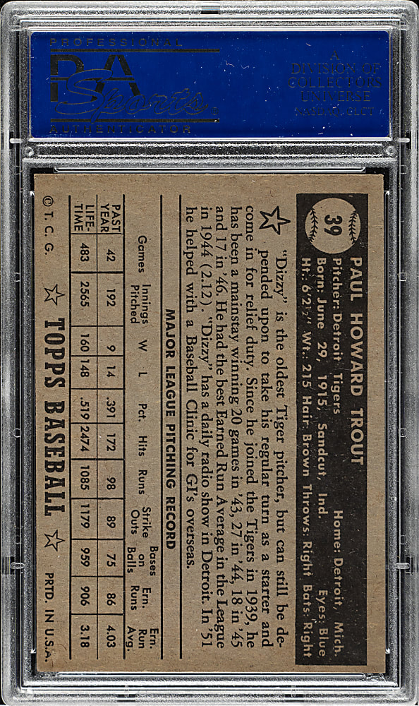 1952 Topps #39 Dizzy Trout Black Back PSA NM 7