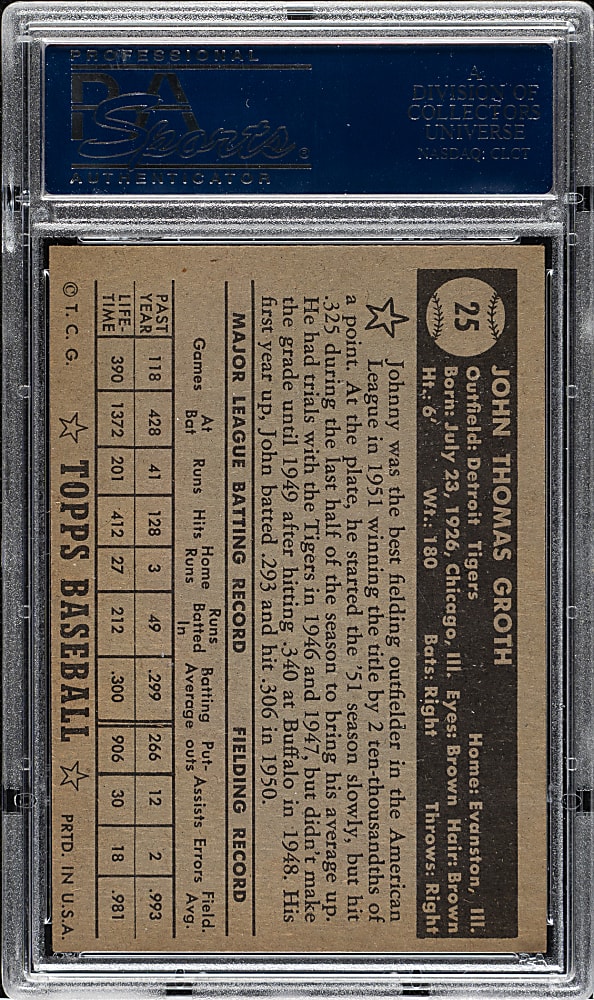 1952 Topps #25 Johnny Groth Black Back PSA NM 7