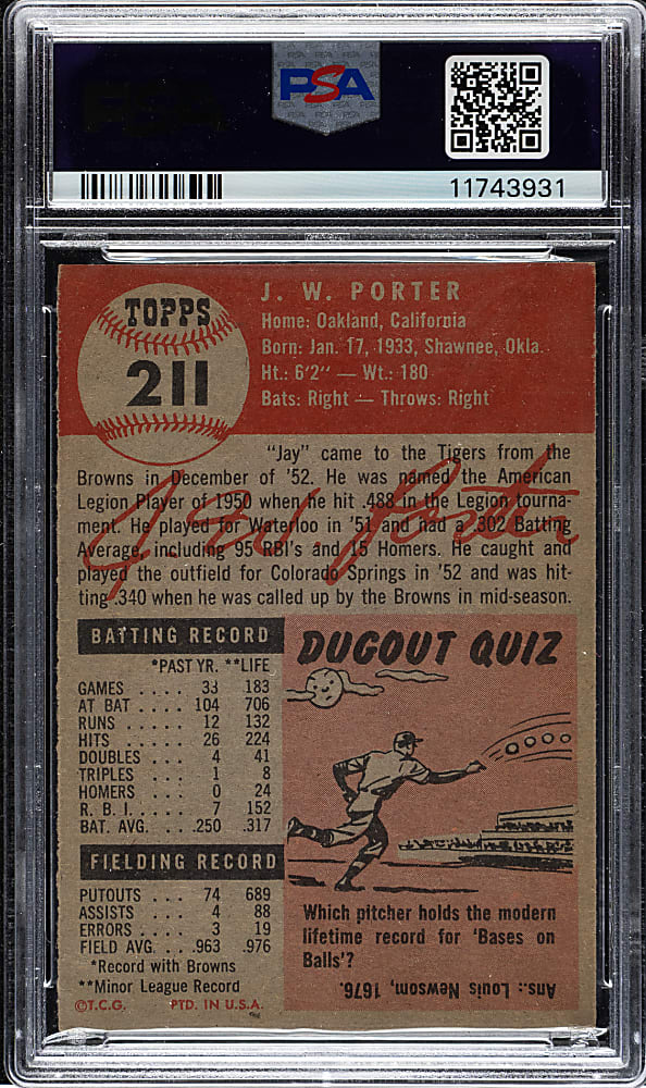 1953 Topps #211 J. W. Porter PSA MINT 9